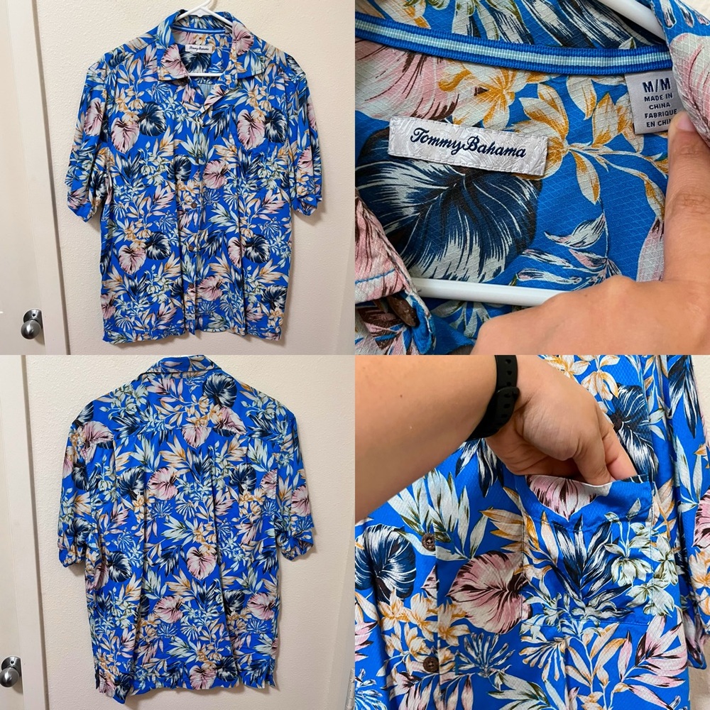 •TOMMY BAHAMA• Mens Uluhu Fronds Picasso Blue 100% Silk Button up Floral Sz M